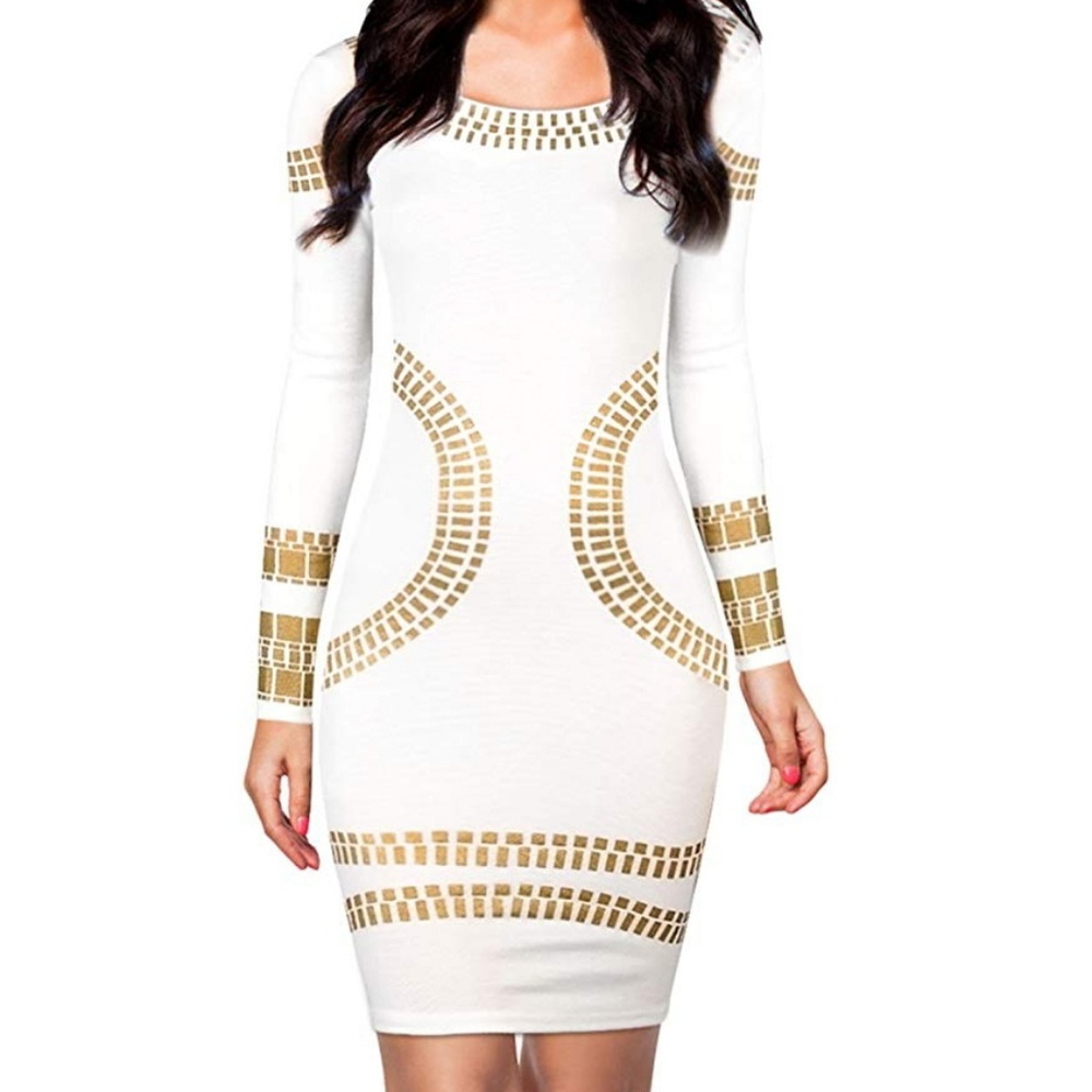Long Sleeve Egypt Gold Foil Print Dress